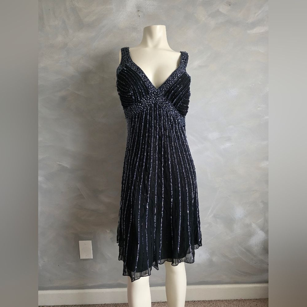 Black Fully Sequin Beaded Flapper Style Cocktail Dress Sleeveless Silk Sz 14